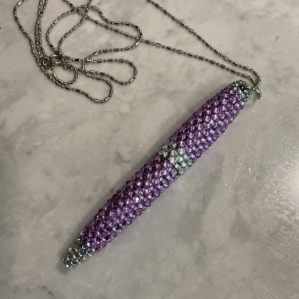 NWOT Crystal Purple Metal Pen Silver Necklace Jewelry Y2K School Office Workwear